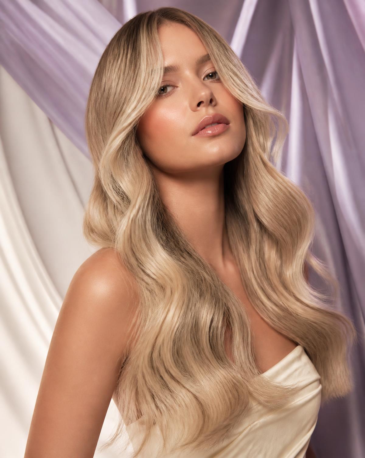 Blonde balayage with glossy blow-dried waves