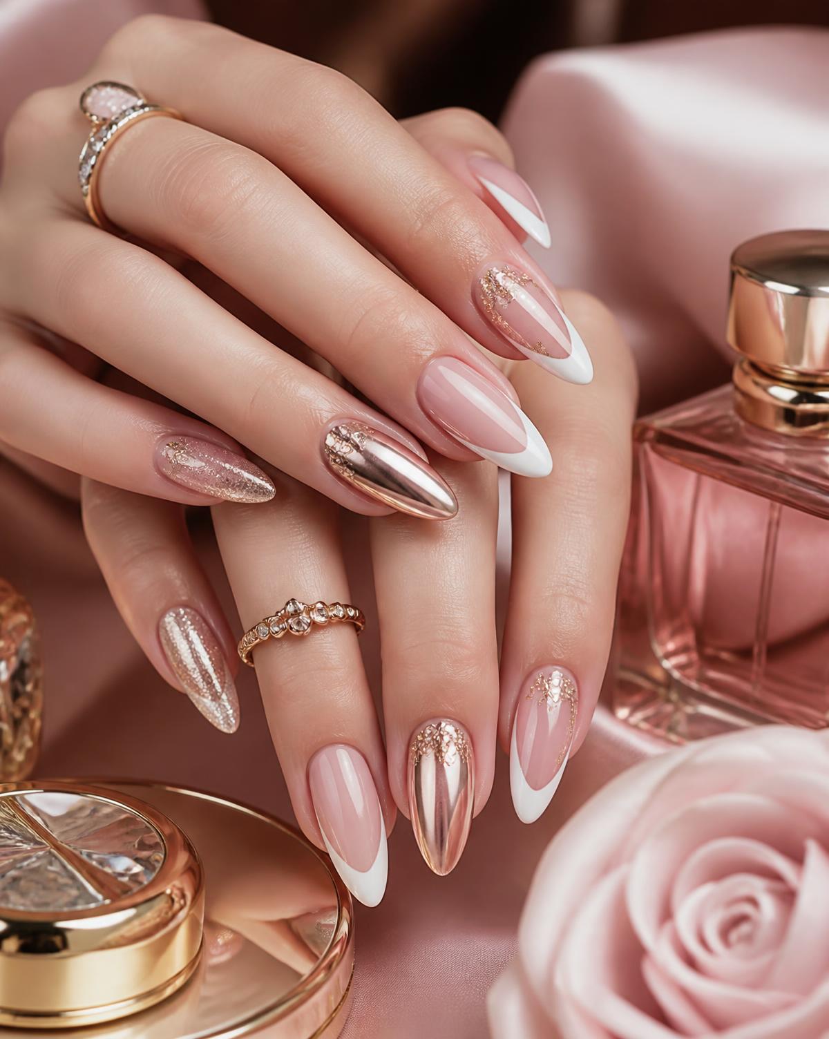 Gel nail extensions with French tips, chrome and glitter accents